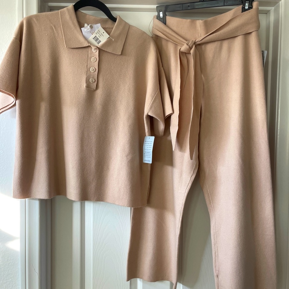 WAYF 2-Piece Soft Knit tie-waist cropped pant and matching polo